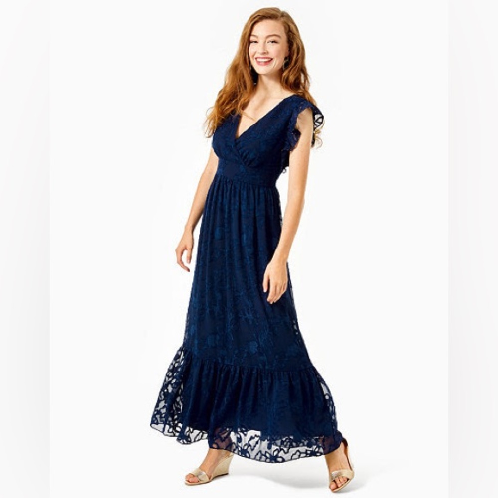 Lilly Pulitzer Autumn Ruffle Midi Dress in True Navy Botanical Shadow